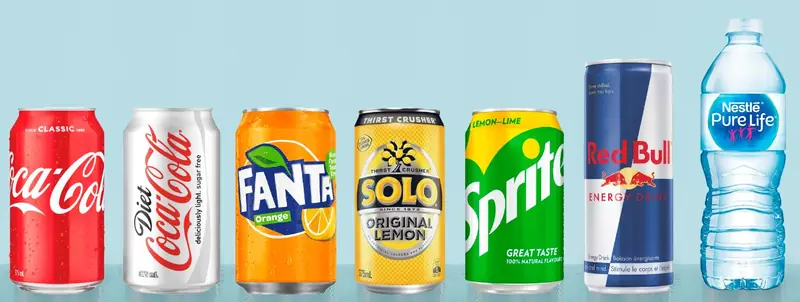 Cans of Coca-Cola, Diet Coke, Fanta, Solo, Sprite and Red Bull, and a bottle of water