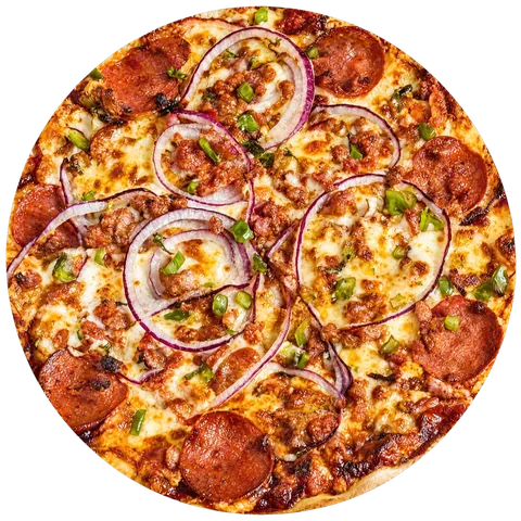 BBQ Bacon pizza: bBQ sauce, mozzarella, bacon, pepperoni, capsicum and onions