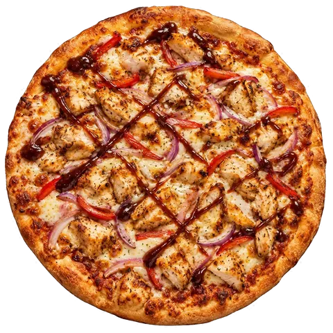 BBQ Chicken pizza: bBQ sauce, mozzarella, capsicum, onion and chicken