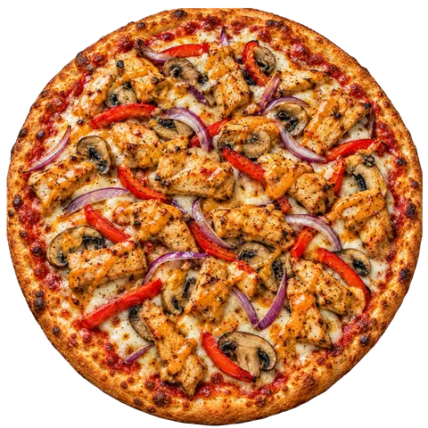 Chicken Lover pizza: tomato sauce, mozzarella, chicken, capsicum, mushroom, onion and peri peri sauce