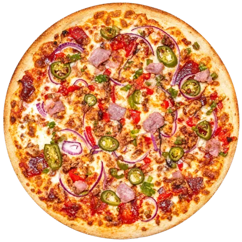 Spicy Goodfather pizza: bBQ sauce, mozzarella, onion, capsicum, pork sausage, bacon and jalapeños