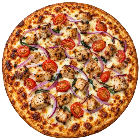 Greek Pork pizza: garlic, mozzarella, onion, spinach, cherry tomato, pork and oregano