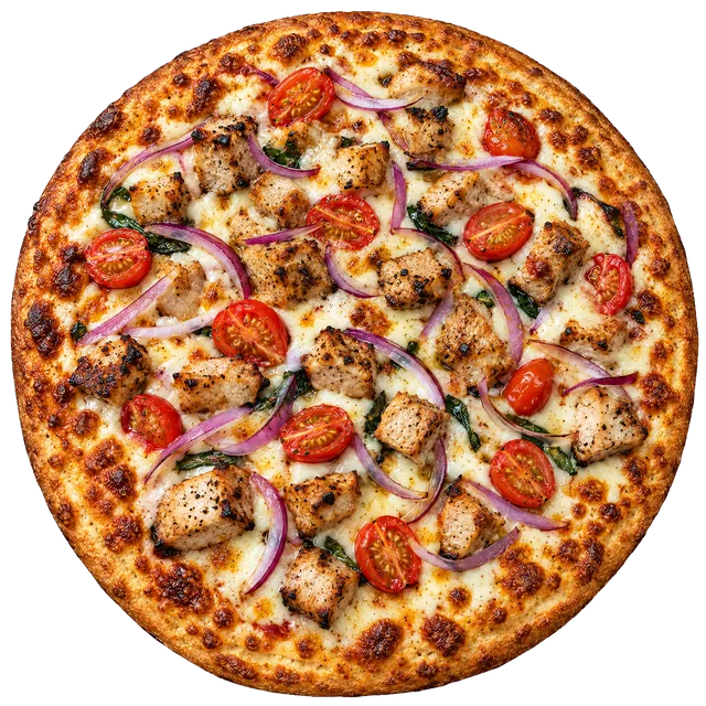 La Pizza Bella's Greek Pork pizza with pork, spinach, cherry tomato and red onion