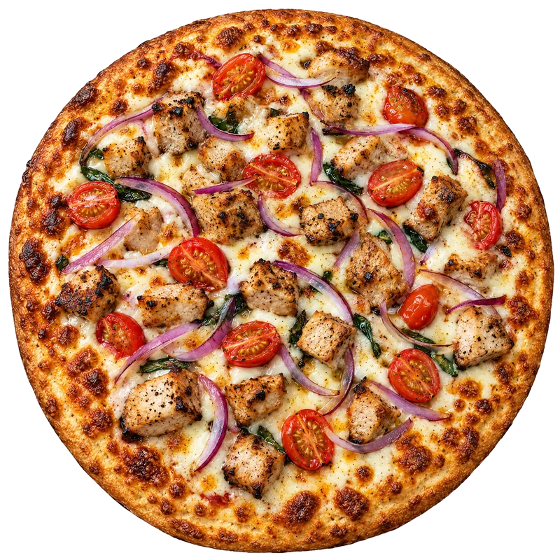 La Pizza Bella's Greek Pork pizza with pork, spinach, cherry tomato and red onion