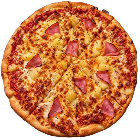 Hawaiian pizza: tomato sauce, mozzarella, ham and pineapple