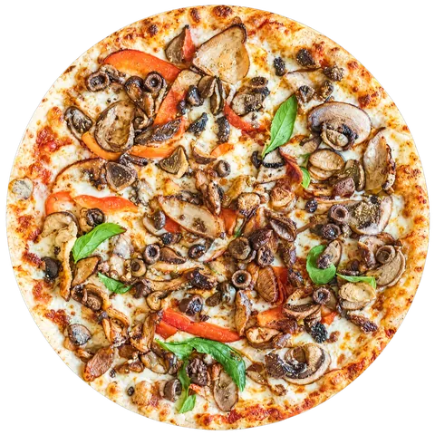 Spicy Chicken pizza: spicy tomato sauce, mozzarella, onion, capsicum, mushroom, roasted chicken, peri peri sauce and chilli flakes