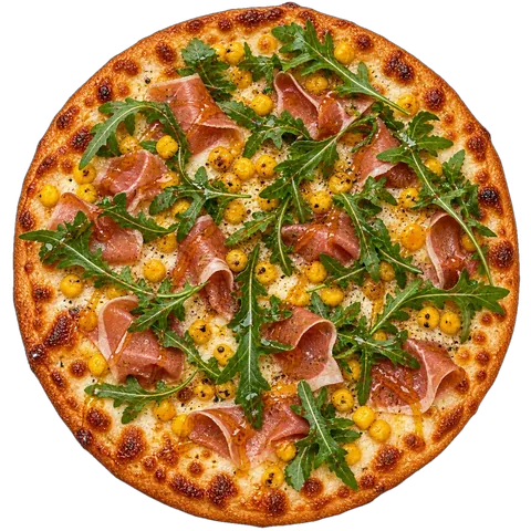 Honey Prosciutto pizza: tomato sauce, mozzarella, corn, prosciutto and rocket