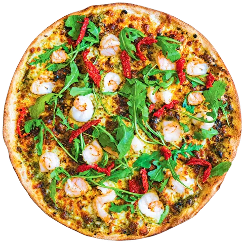 Rocket Prawns pizza: basil pesto, mozzarella, chilli flakes, prawns, rocket and sundried tomatoes